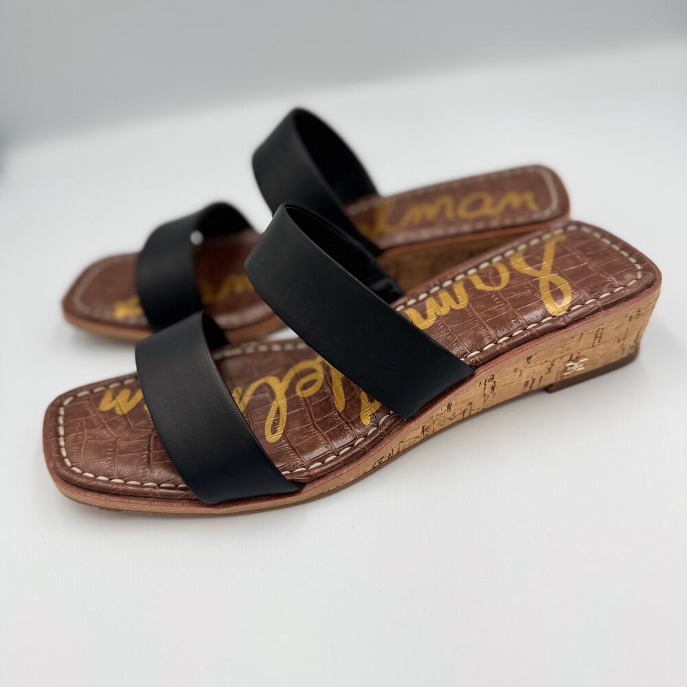 Sam Edelman Vena Black Leather Cork Wedge Slide Sandal Double Strap 8.5 EU 38.5 - Picture 4 of 16